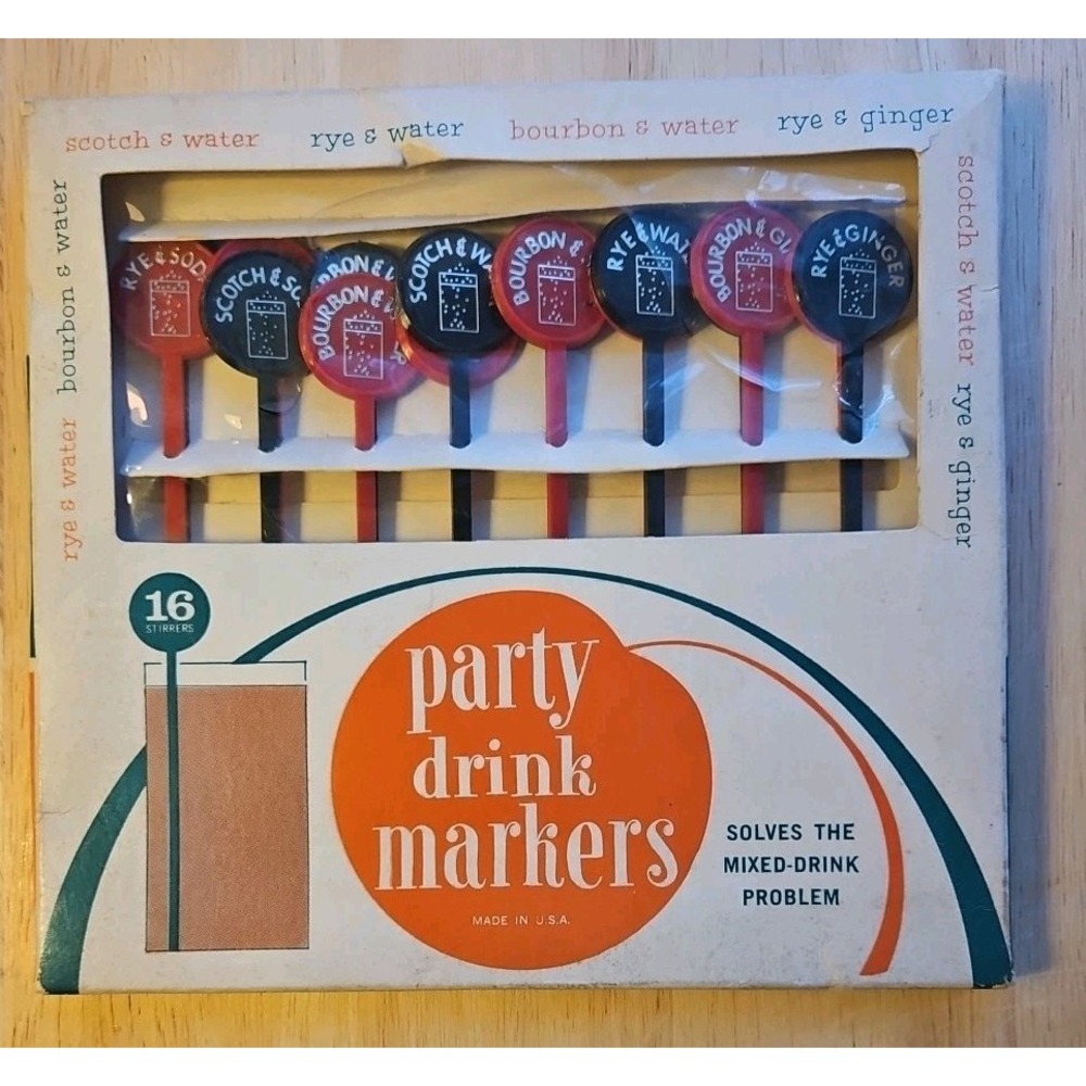 Vintage Party Drink Markers In Box Plastic - Set Of 16